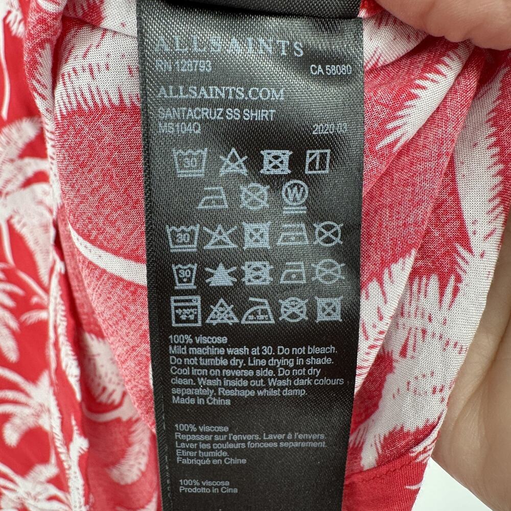 AllSaints Shirt Mens Large Red Palm Tree Hawaiian Camp Button Up Aloha Viscose - Picture 9 of 11